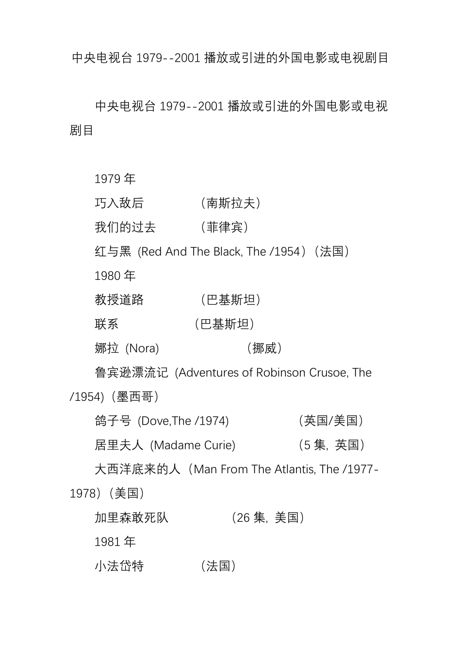 中央电视台1979--2001播放或引进的外国电影或电视剧目_第1页