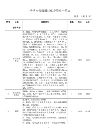 中学学校音乐器材供货清单一览表全