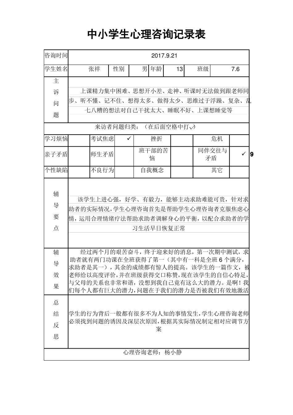 中小学生心理咨询记录表_第1页