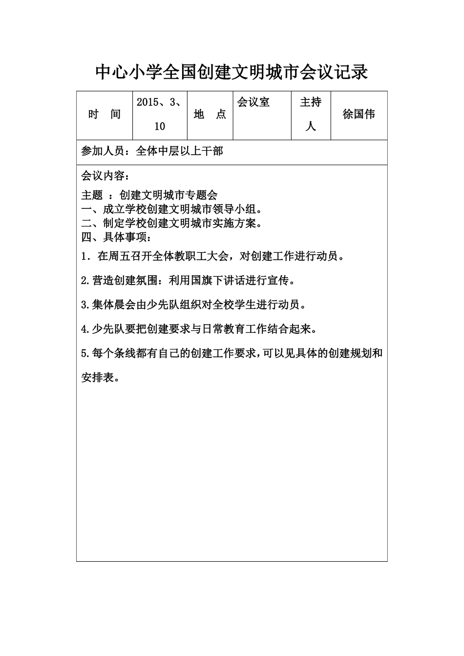 中心小学2015年全国创建文明城会议记录_第1页