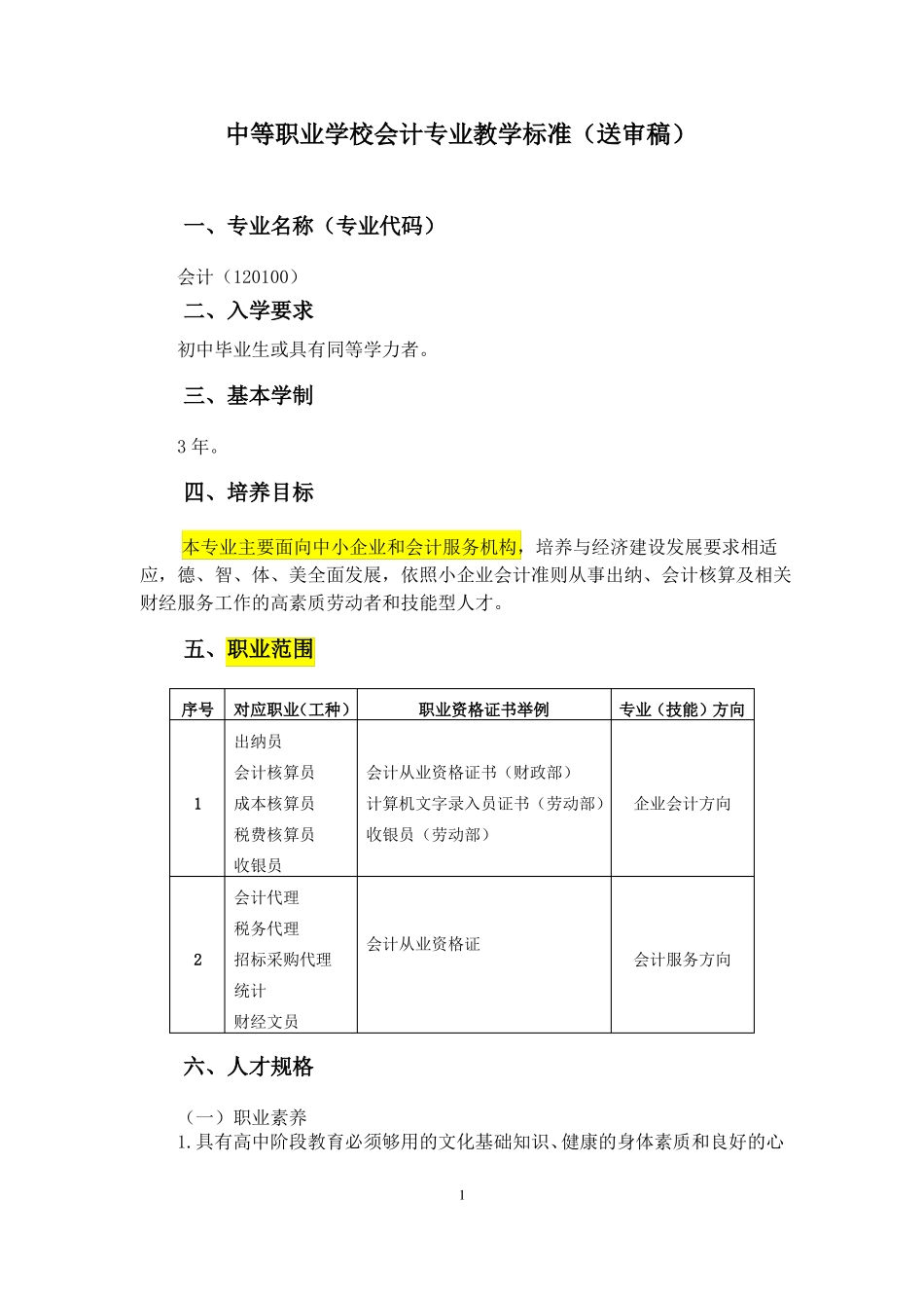 中等职业学校会计专业教学标准请着重查看标黄部分_第1页