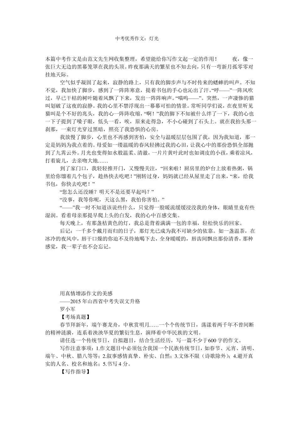 中考优秀作文：灯光_第1页