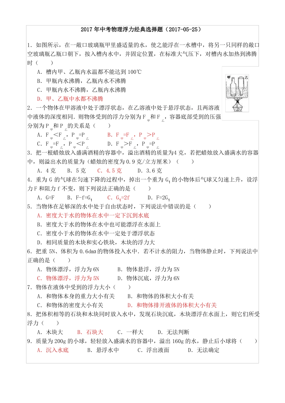 中考物理浮力经典难题选择题_第1页