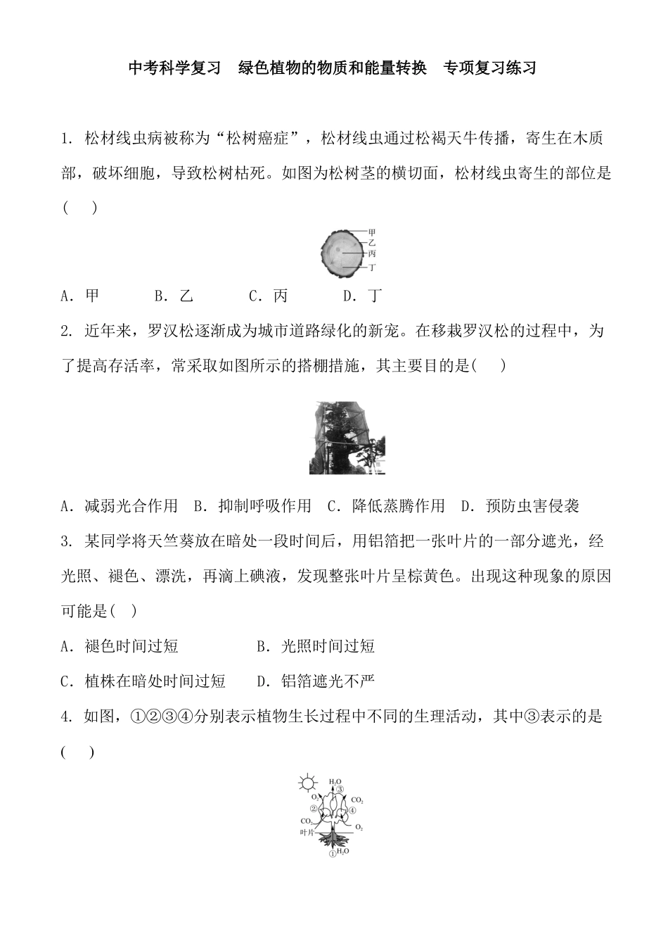 中考科学复习绿色植物的物质和能量转换专项复习练习含答案_第1页