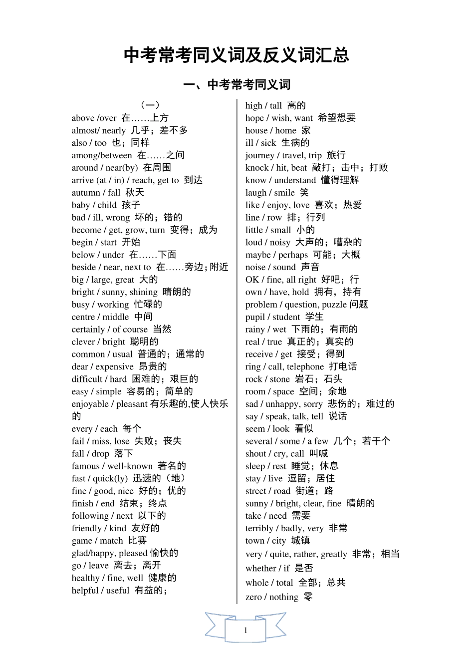 中考英语同义词及反义词汇总_第1页