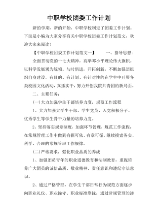 中职学校团委工作计划