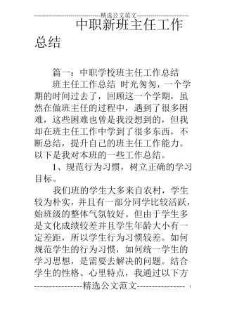 中职新班主任工作总结