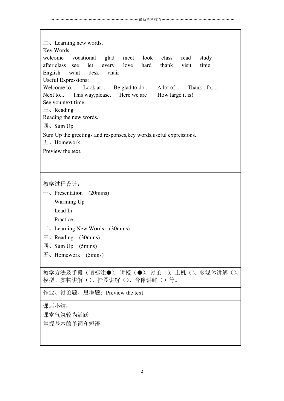 中职英语基础模块教案精编版_第2页