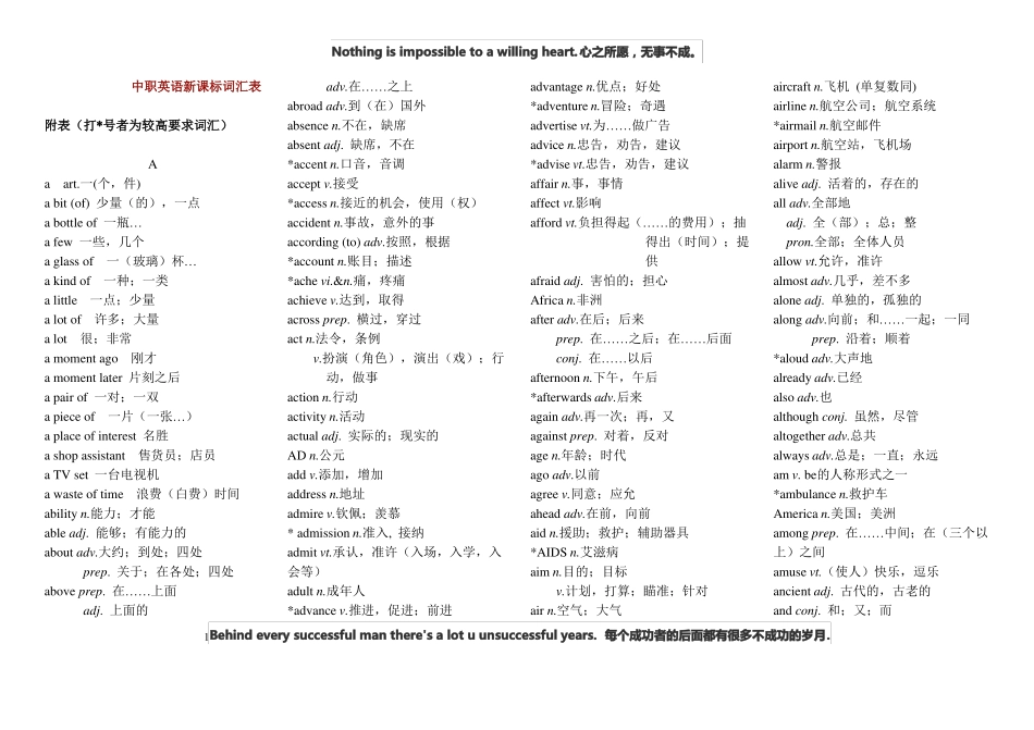 中职英语词汇表励志短文有释义_第1页