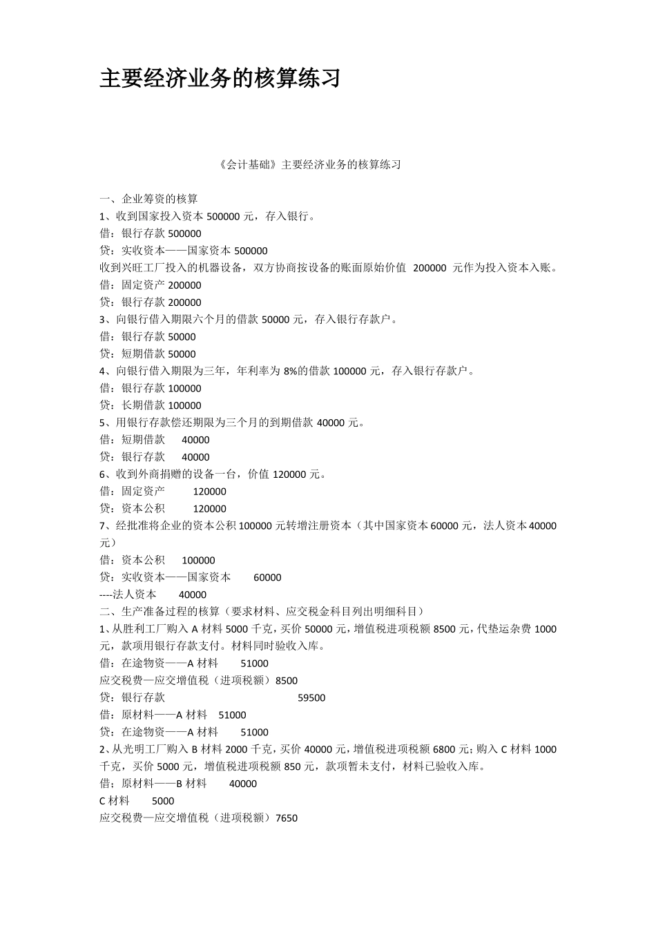 主要经济业务的核算练习_第1页