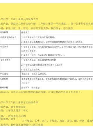 小学科学三年级上册至六年及演示实验报告单