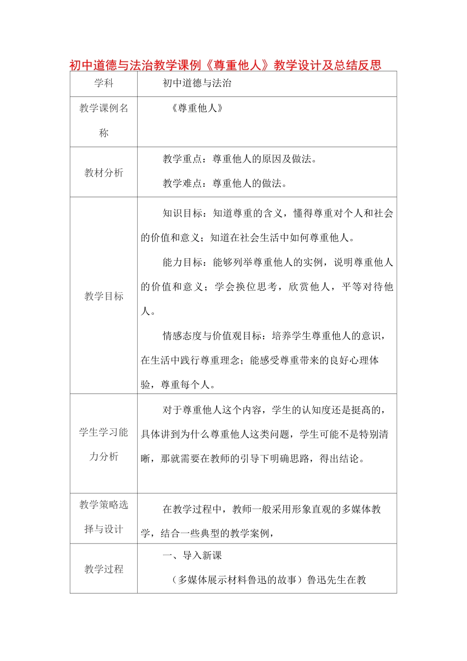 初中道德与法治教学课例《尊重他人》课程思政核心素养教学设计及总结反思_第1页