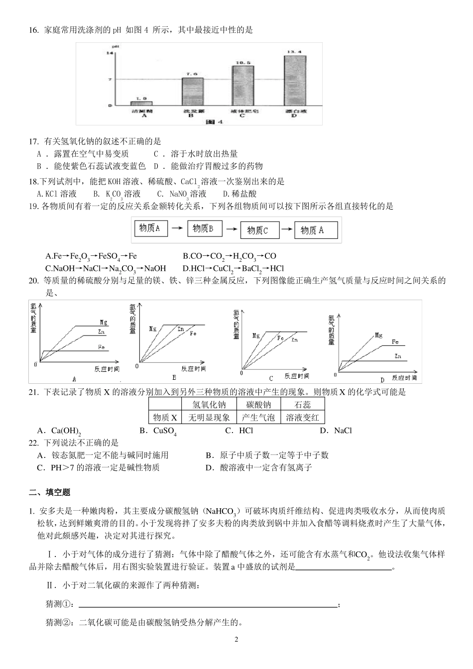 九年级科学酸碱盐试卷含答案_第2页