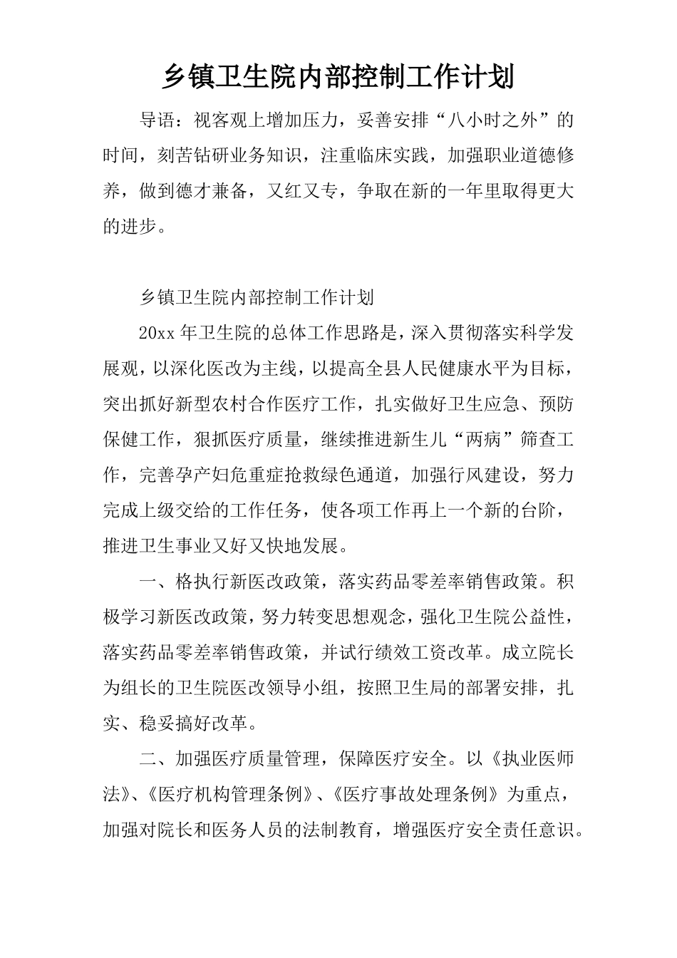 乡镇卫生院内部控制工作计划_第1页