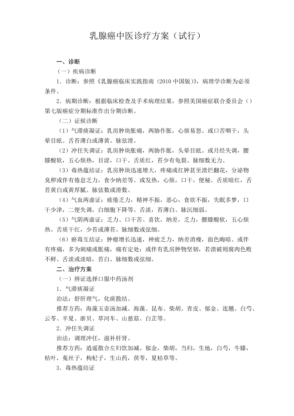 乳腺癌中医诊疗方案汇总_第1页