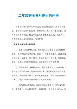 二年级班主任对差生的评语