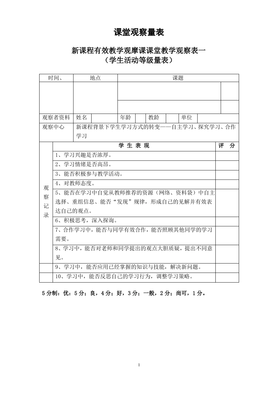 五个课堂观察量表_第1页