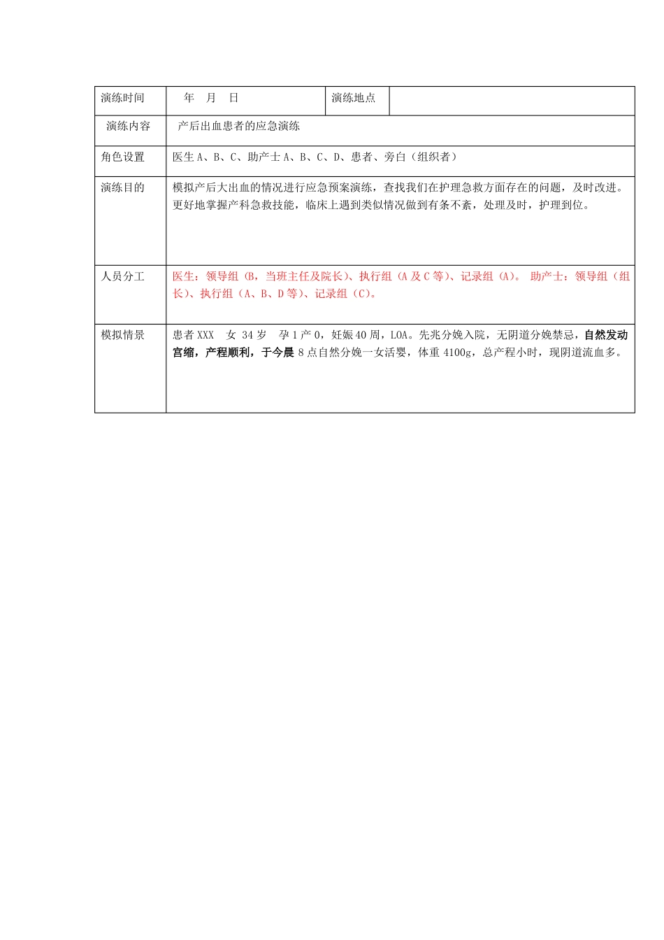 产后大出血患者时应急预案演练记录_第1页