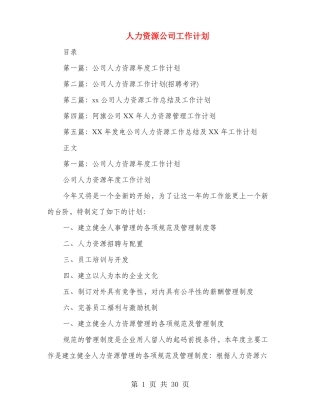 人力资源公司工作计划