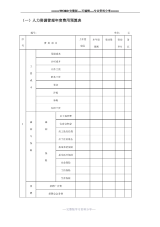 人力资源年费用预算表