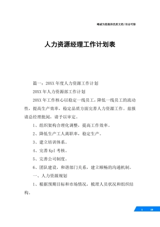 人力资源经理工作计划表