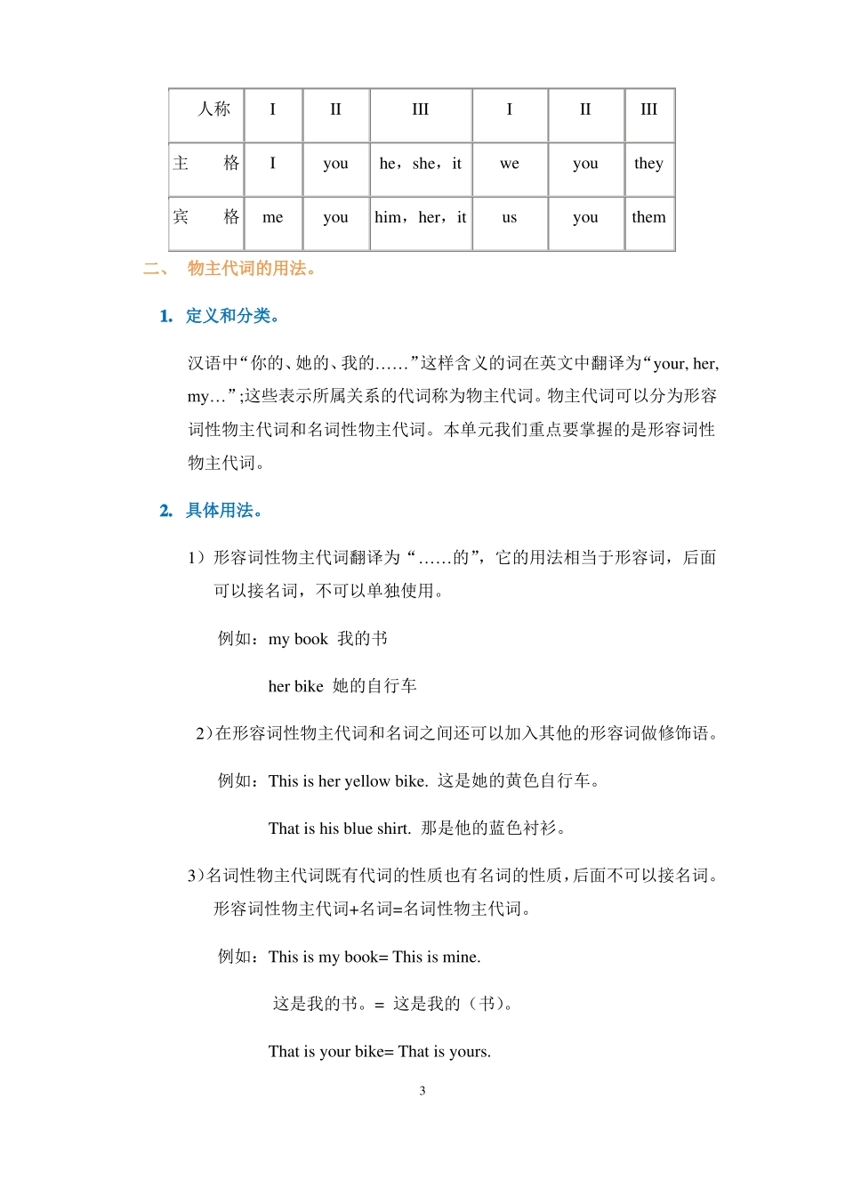 人教新目标七年级英语上册语法：人称代词、物主代词和指示代词的用法讲解及练习教学设计_第3页