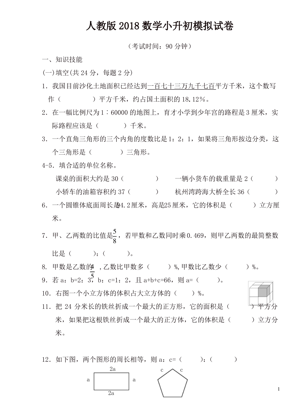 人教版2018数学小升初模拟试卷及答案_第1页