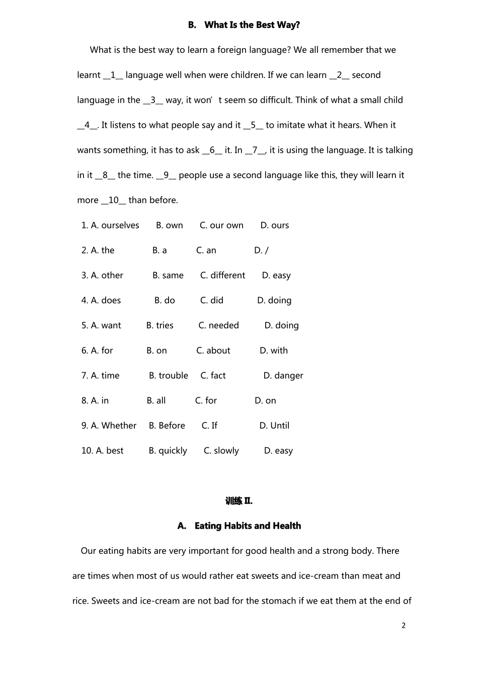 人教版七下英语阅读与完型附答案_第2页