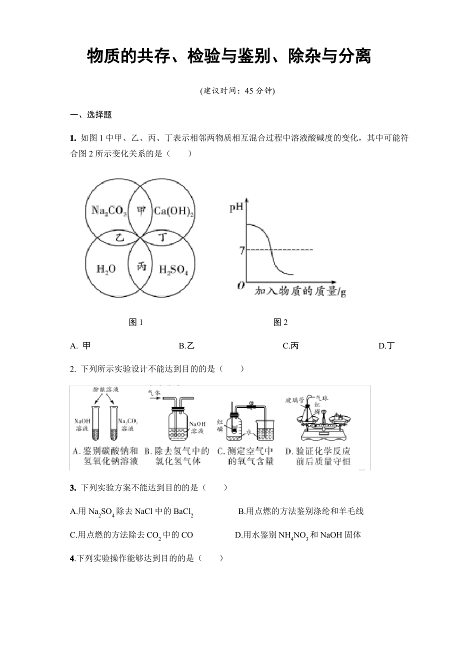 人教版九年级化学物质的共存、检验与鉴别、除杂与分离测试试题含答案_第1页