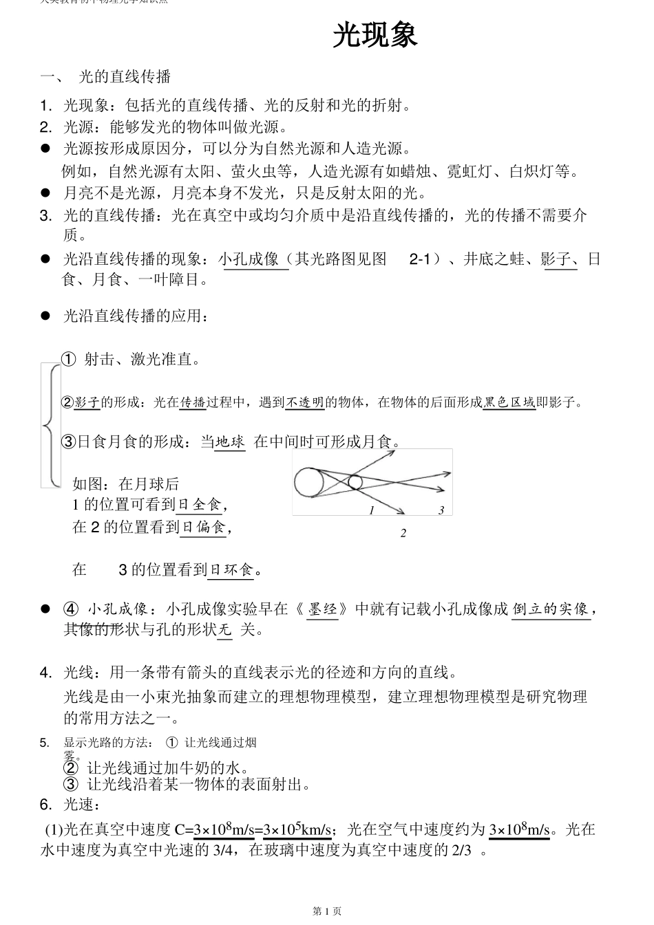 人教版初中物理知识点总结--光学_第1页