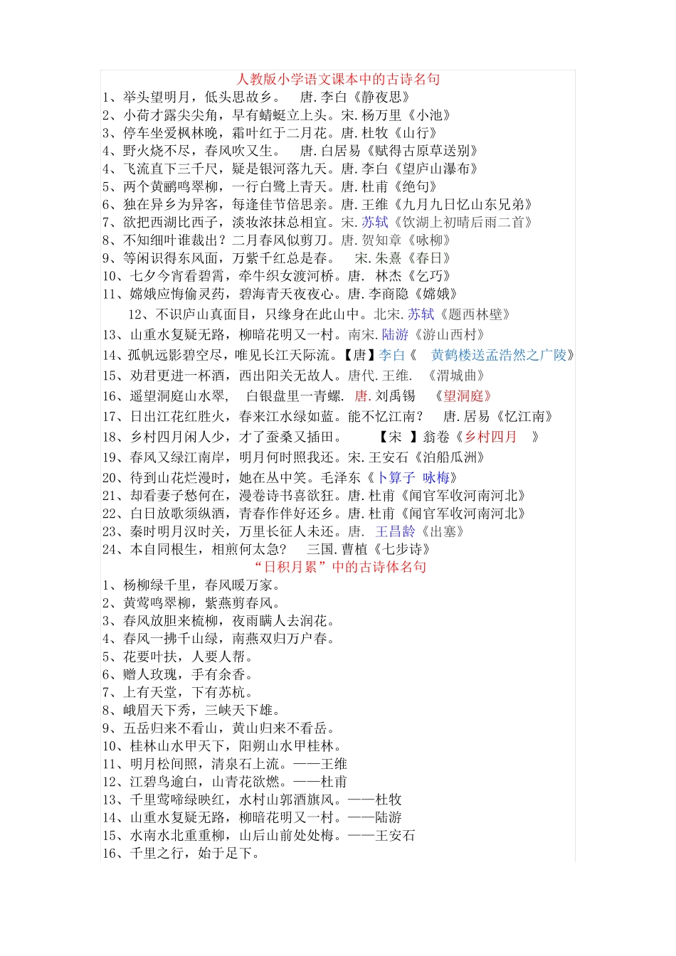 人教版小学、初中语文课本中的古诗名句_第1页