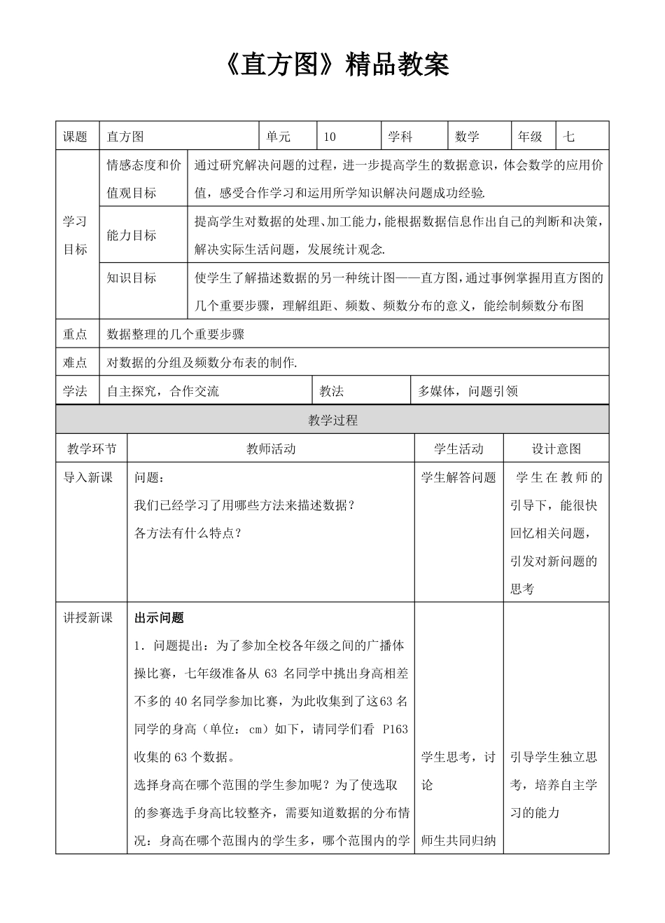 人教版版七年级数学下册直方图教学教案_第1页