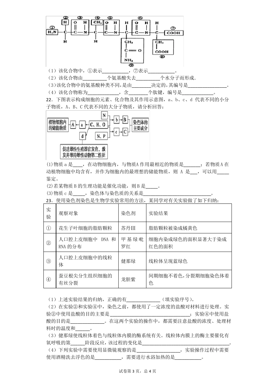 人教版生物必修一组成细胞的分子测试题及答案_第3页