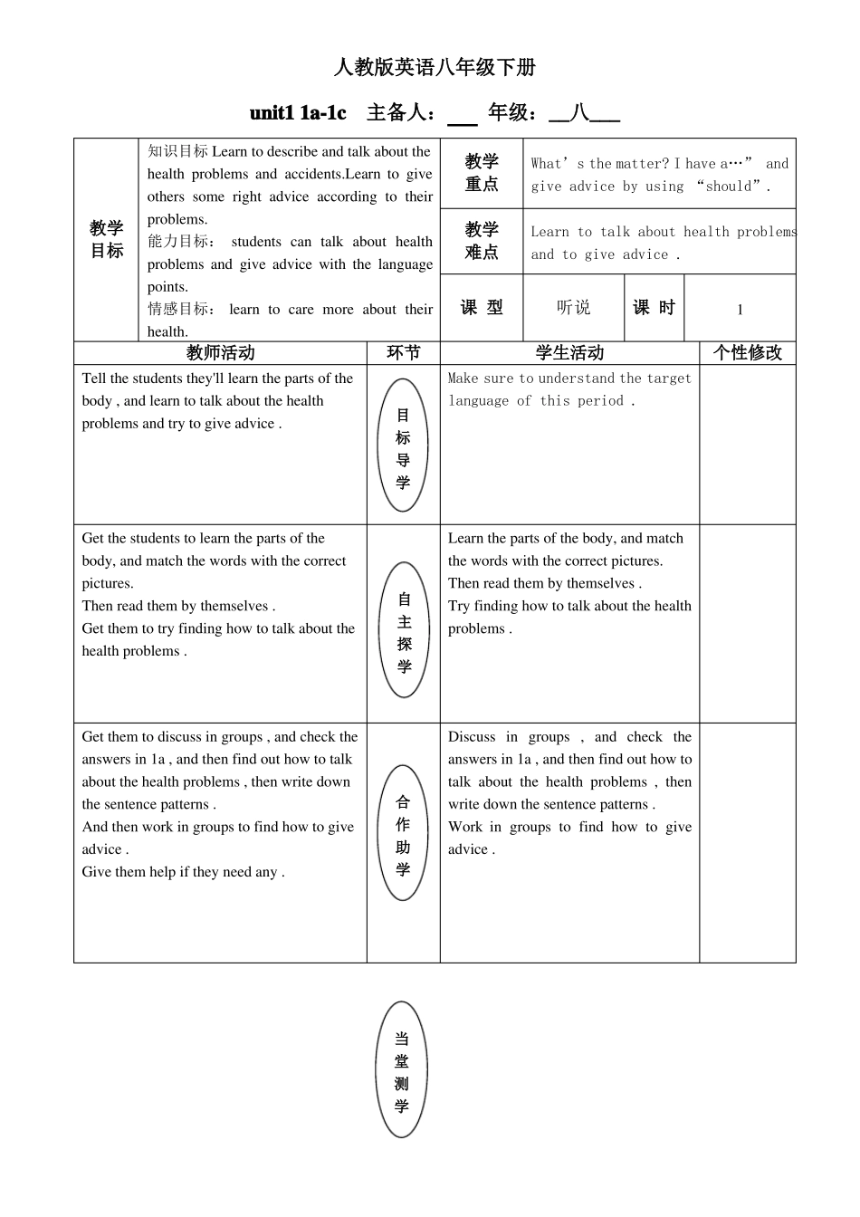 人教版英语八年级下册unit1全单元教案_第1页