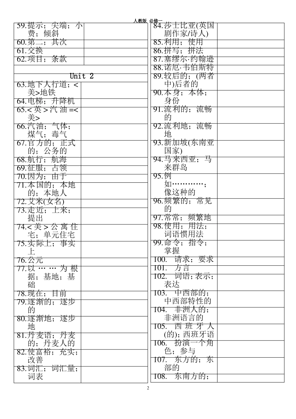 人教版高中英语必修1单词听写版_第2页