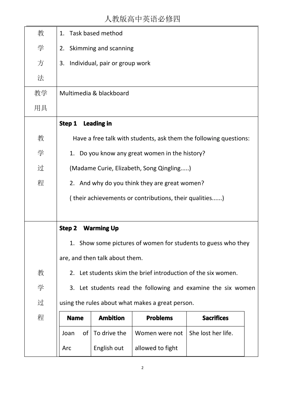 人教版高中英语必修四unit1全单元教案_第2页