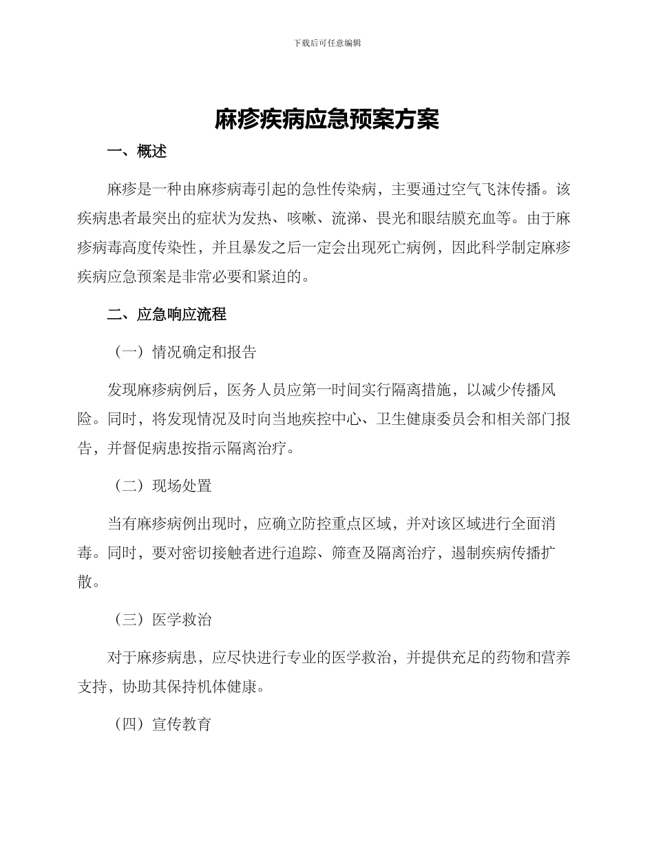 麻疹疾病应急预案方案_第1页