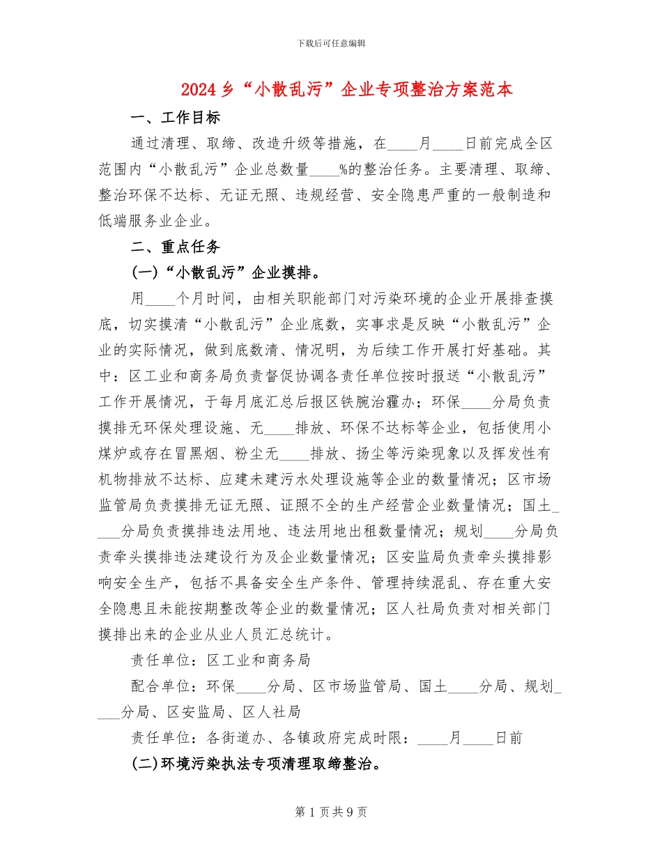 2024乡“小散乱污”企业专项整治方案范本_第1页