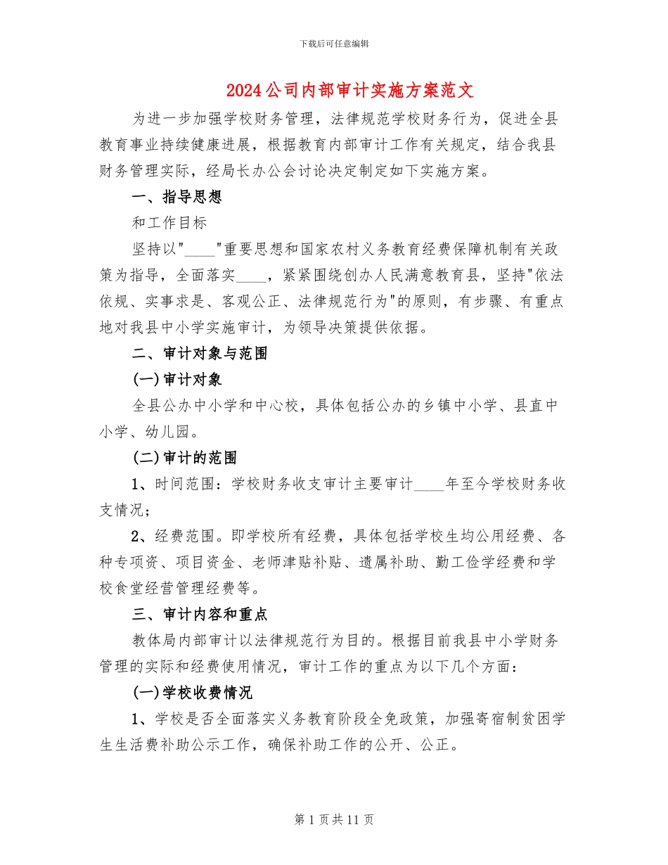 2024公司内部审计实施方案范文_第1页