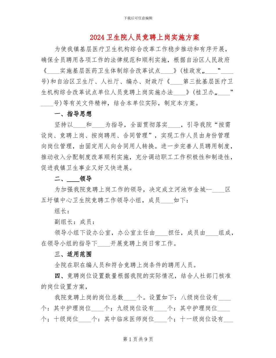 2024卫生院人员竞聘上岗实施方案_第1页
