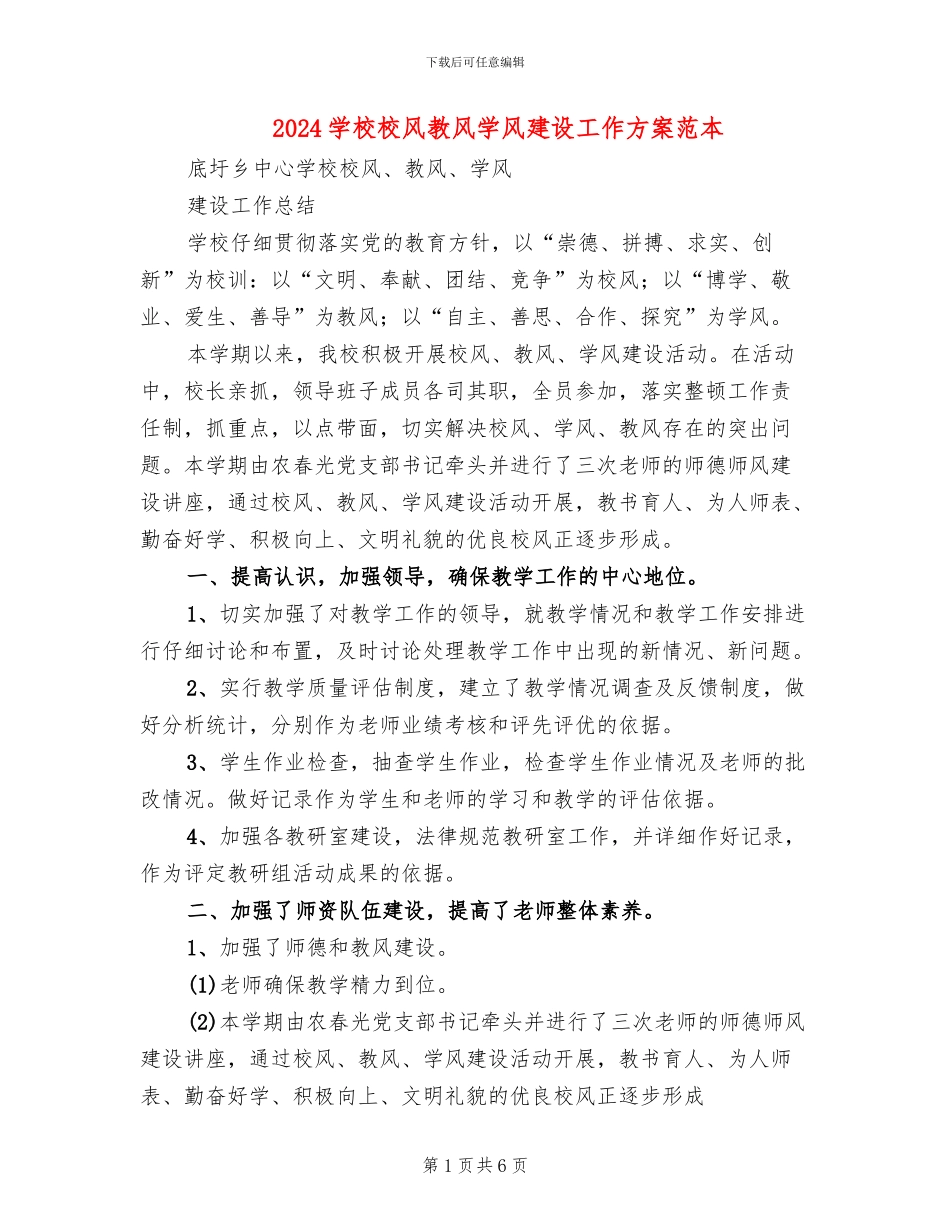 2024学校校风教风学风建设工作方案范本_第1页