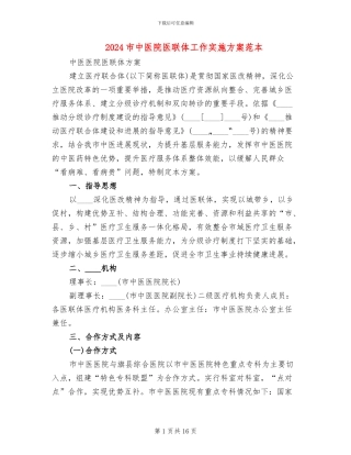 2024市中医院医联体工作实施方案范本