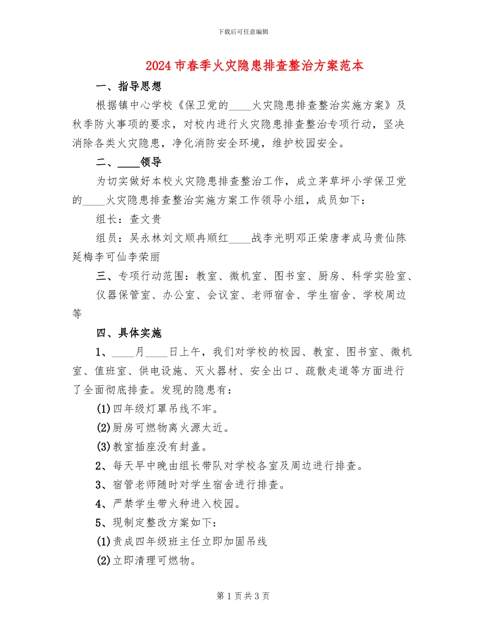 2024市春季火灾隐患排查整治方案范本_第1页