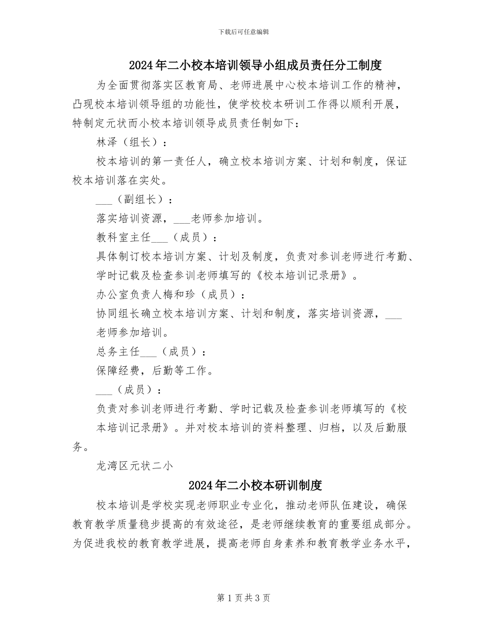 2024年二小校本培训领导小组成员责任分工制度_第1页