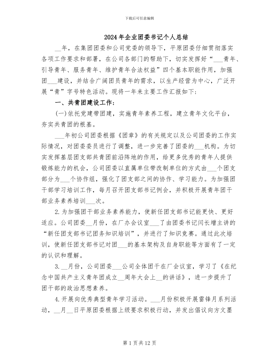 2024年企业团委书记个人总结_第1页