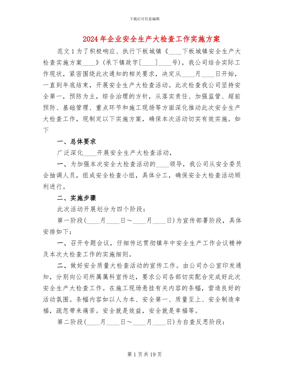 2024年企业安全生产大检查工作实施方案_第1页
