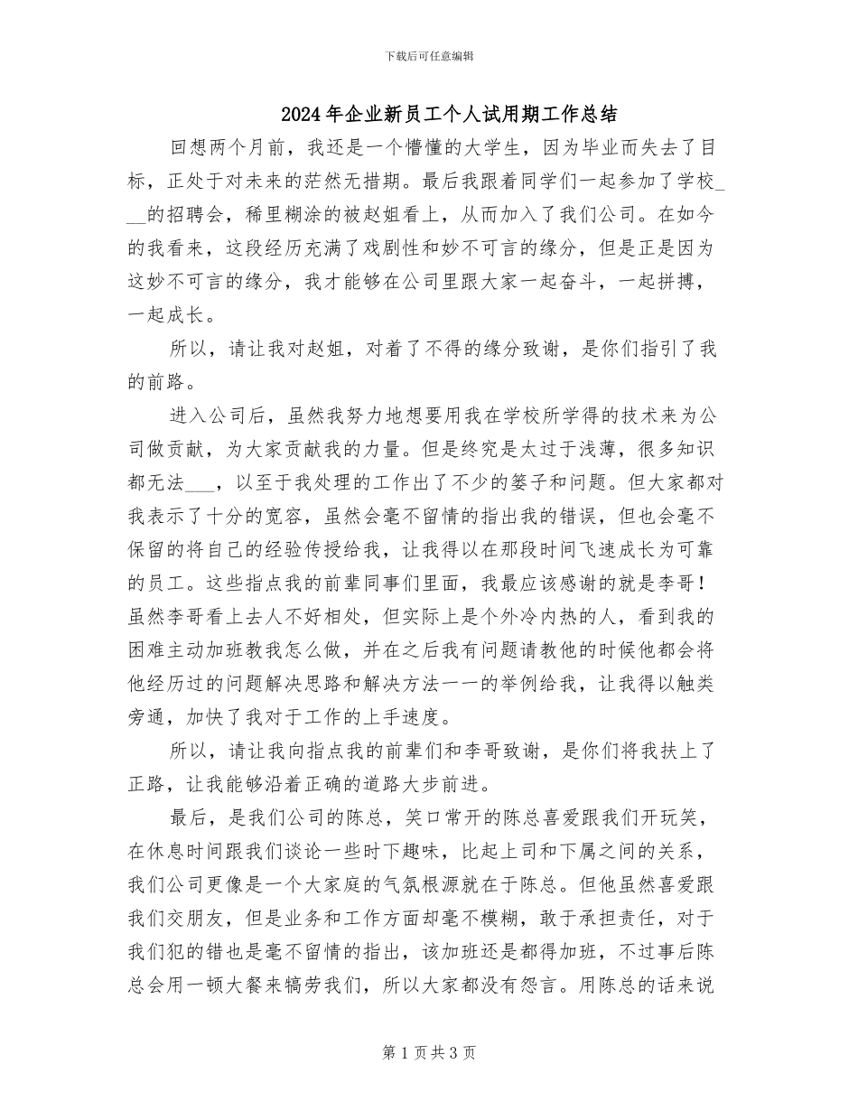 2024年企业新员工个人试用期工作总结_第1页