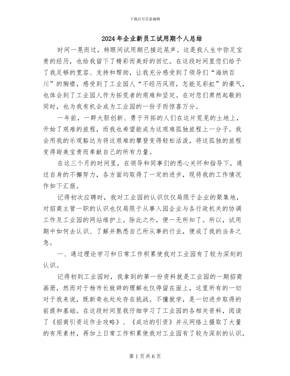 2024年企业新员工试用期个人总结_第1页