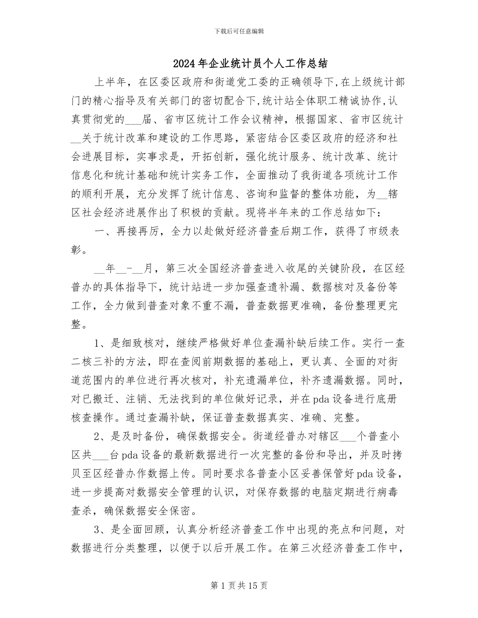 2024年企业统计员个人工作总结_第1页