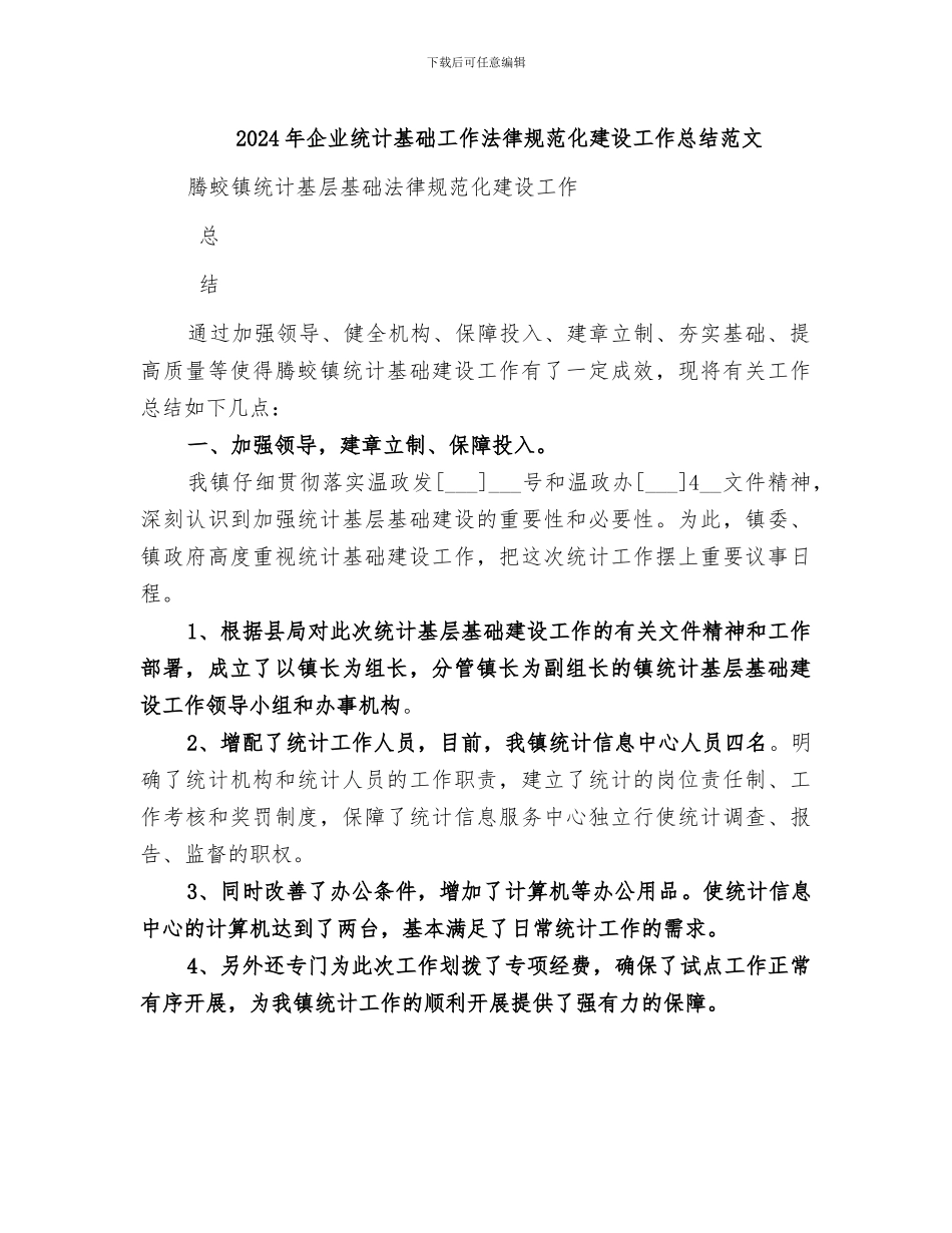 2024年企业统计基础工作规范化建设工作总结范文_第1页